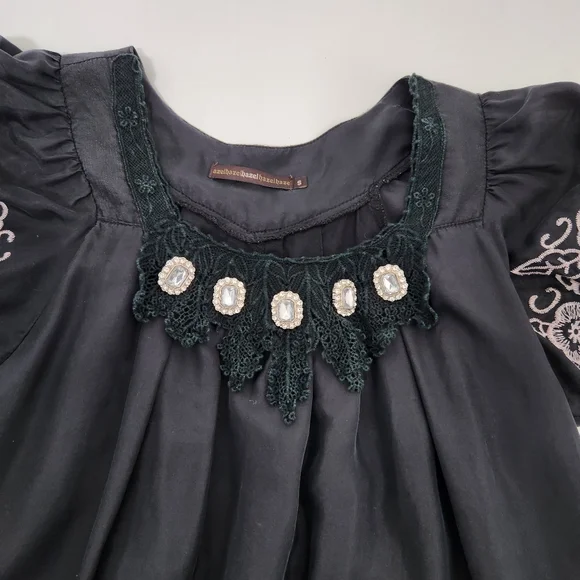 Anthropologie Hazel Embroidered Jeweled Black Top (S) - Picture 3 of 5